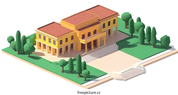 Low Poly Isometric Yellow Mansion 3D Model Illustration