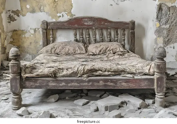 Old Wooden Bed in an Abandoned Room