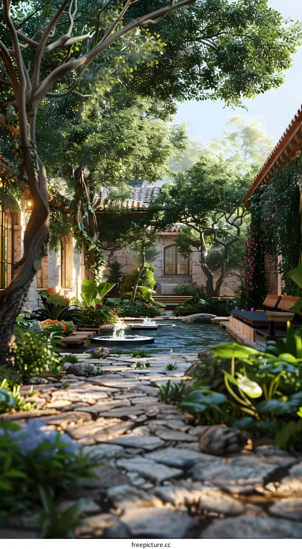 Courtyard surrounded by greenery