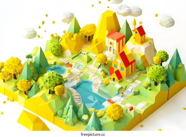 Papercraft Landscape With Yellow And Green Colors