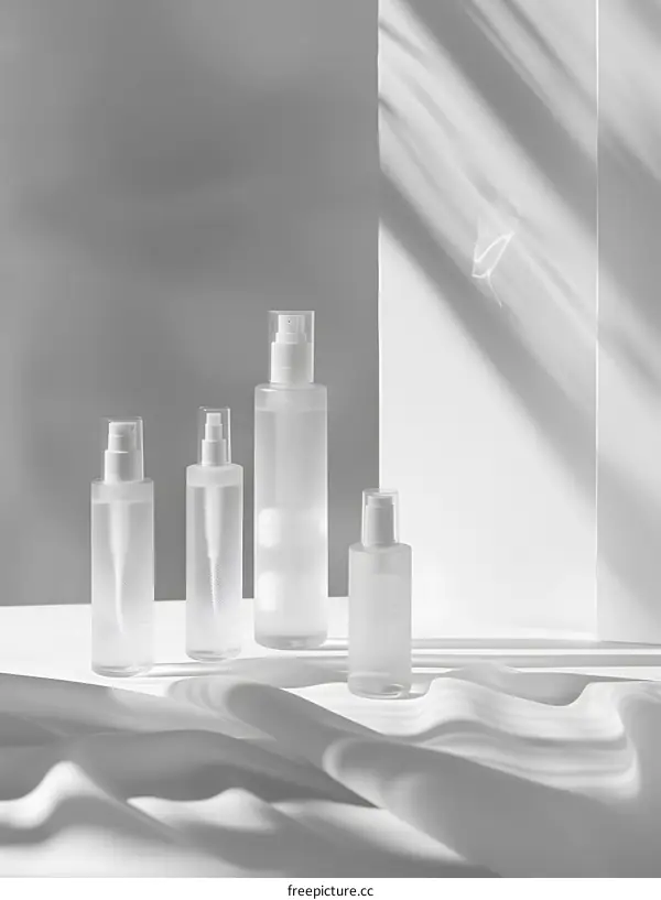 Four white cosmetic bottles on white fabric