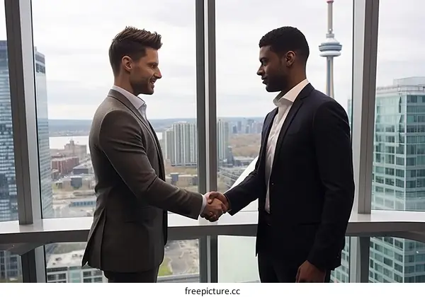 Two businessmen shaking hands in an office with a city view