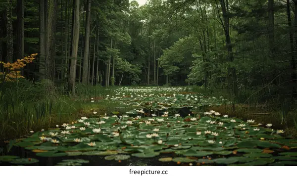 Mystical Forest Pond with Blooming Water Lilies