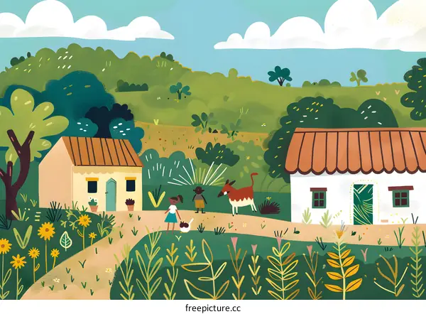 Girl And Boy Walking In Front Of Two Houses In A Green Field