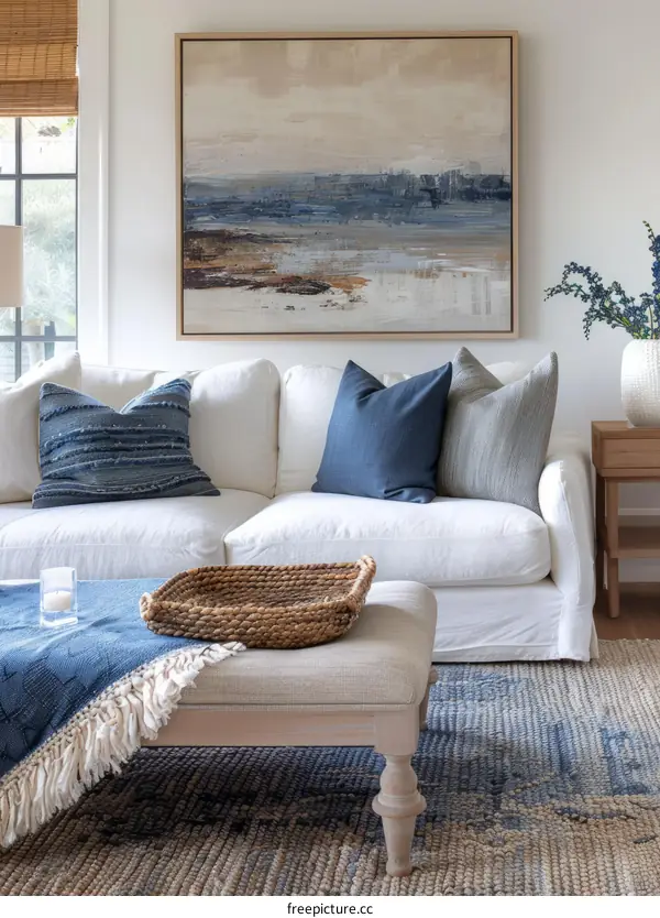 A Coastal Living Room With Blue and White Decor