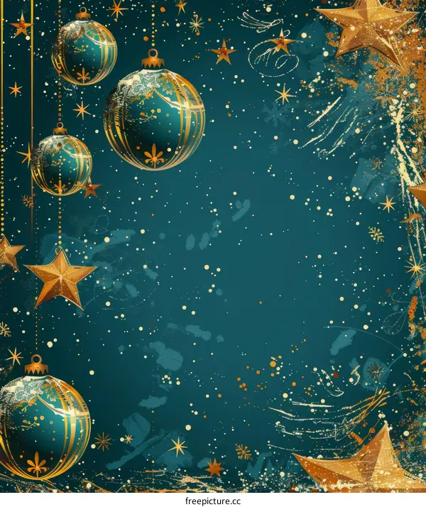 Christmas background with golden hanging balls and stars