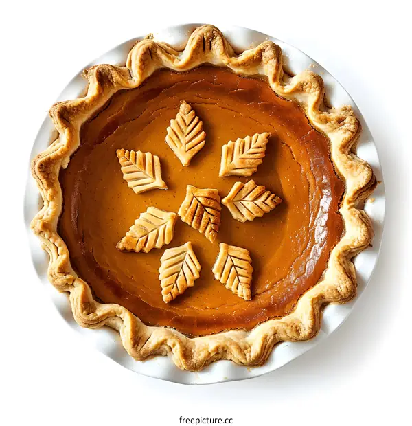 A close-up image of a pumpkin pie with leaf-shaped pie crust decorations