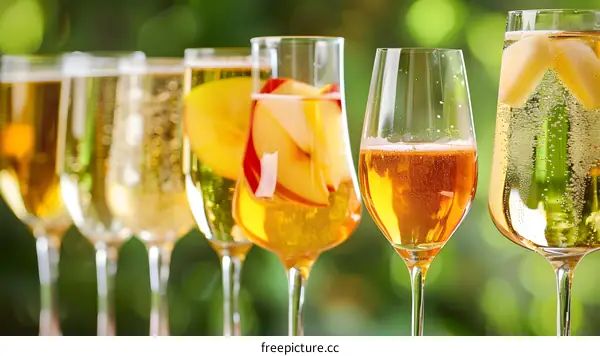 Sparkling Wine Glasses with Apple Slices in the Garden
