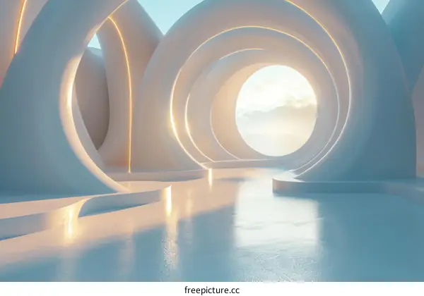 Glowing Rings and Reflective Floor: Futuristic Sci-Fi Scene