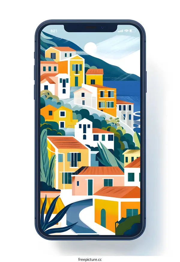 Colorful Illustration of a Mediterranean Town on a Phone Screen