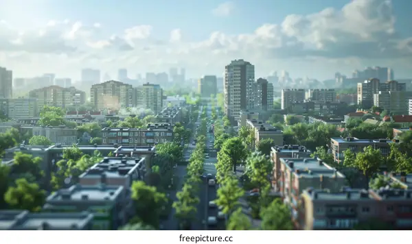 Small European city with a lot of greenery and a wide main street