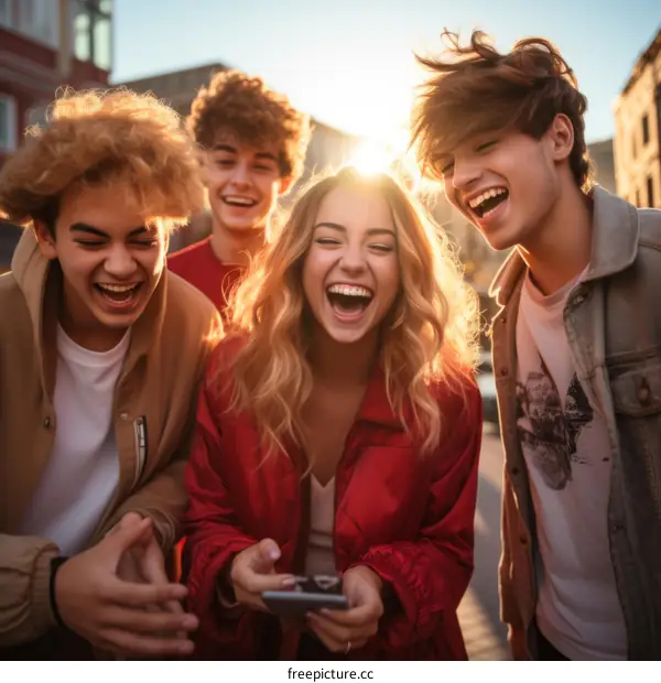 Four friends laughing and looking at a phone