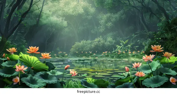 Enchanted Forest Pond with Orange Lotuses