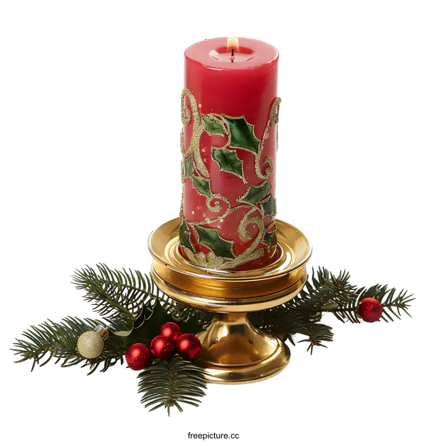 [Transparent Background PNG]Red Christmas Candle with Holly Design