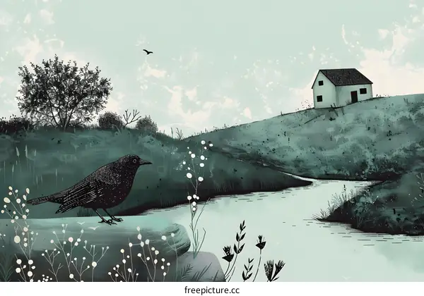 A lonely bird stands on a rock in a field near a house