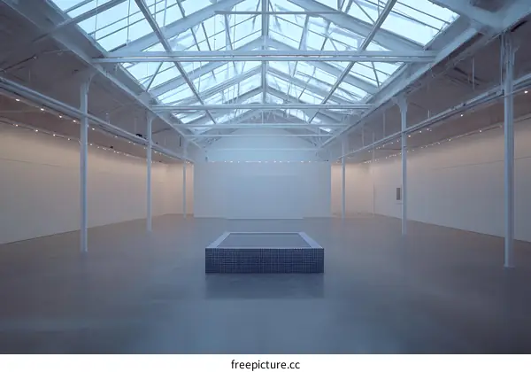 White Interior of a Building with Glass Roof and Platform in the Center