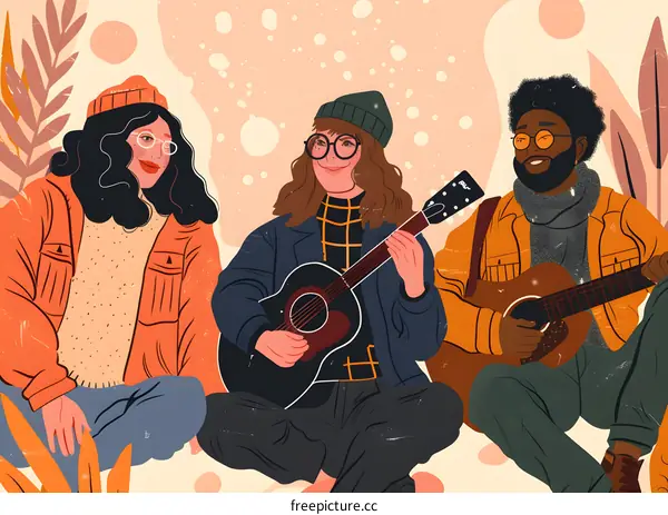 Three People Playing Guitar Together Illustration
