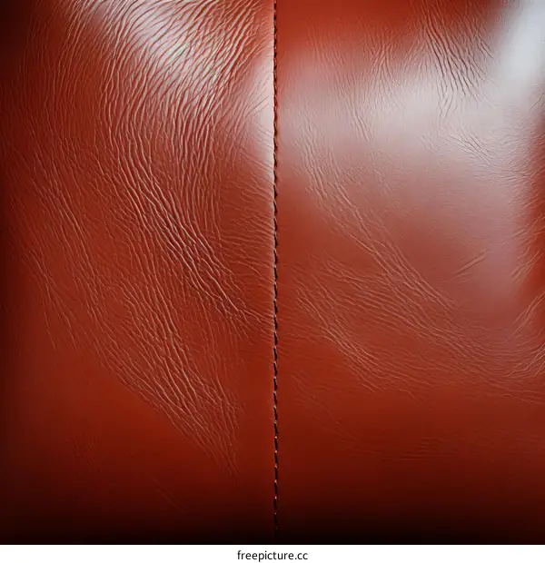 Close up of red leather texture with seam