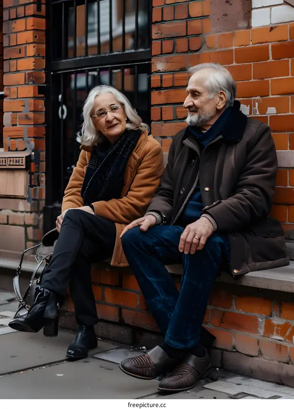 Elderly Couple Sitting On Brick Wall In Front Of Building