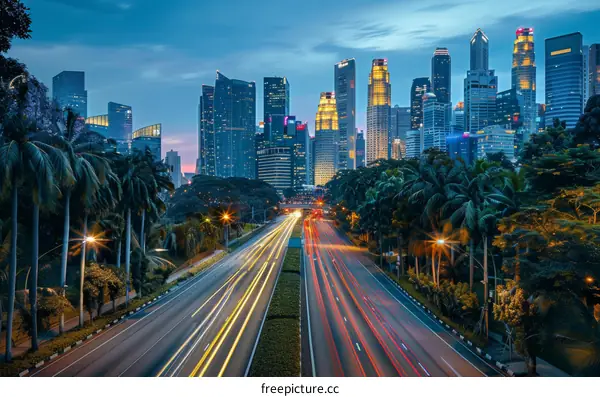 Singapore Cityscape at Night with Palm Trees and Highway