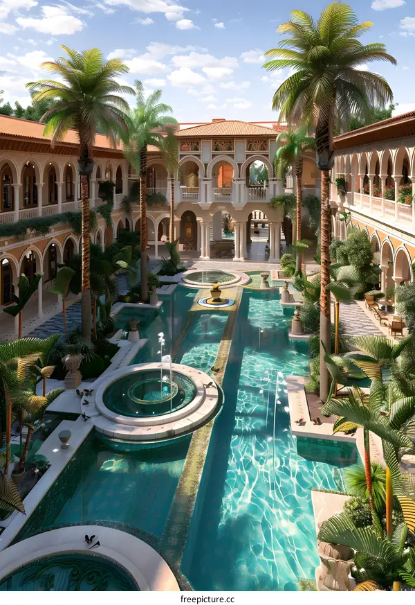 Luxury Courtyard with Pool and Palm Trees