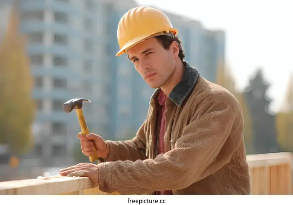Construction Worker using Hammer on Wooden Structure