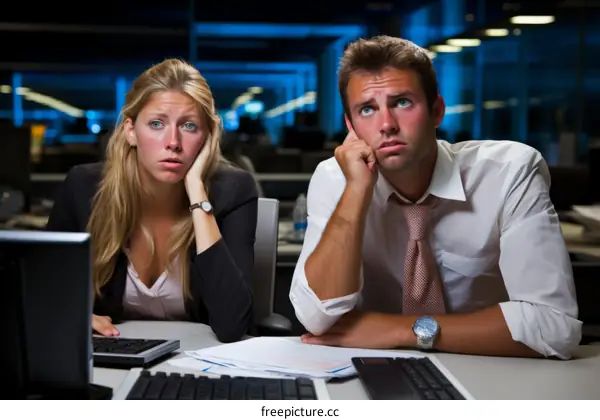 Two business people looking bored at work