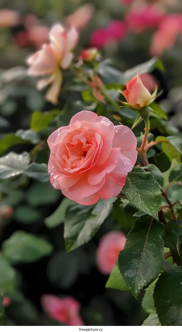 Pink Rose with Dew Drops in a Garden