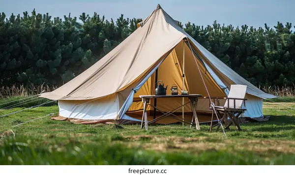 Large luxury camping tent furnished with table, chairs and kettle