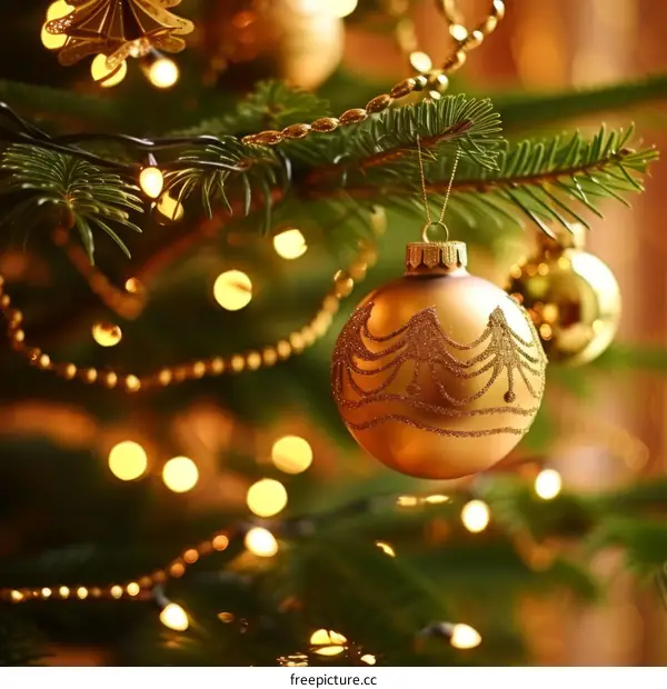 A close-up image of a gold Christmas ball hanging on a Christmas tree with fairy lights in the background