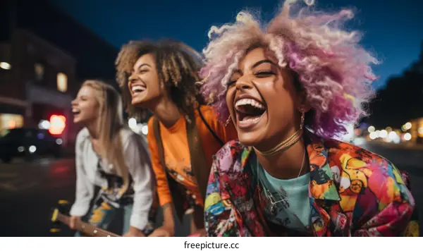 Three young women of African American ethnicity with bright colored hair laughing together at night in the city lights
