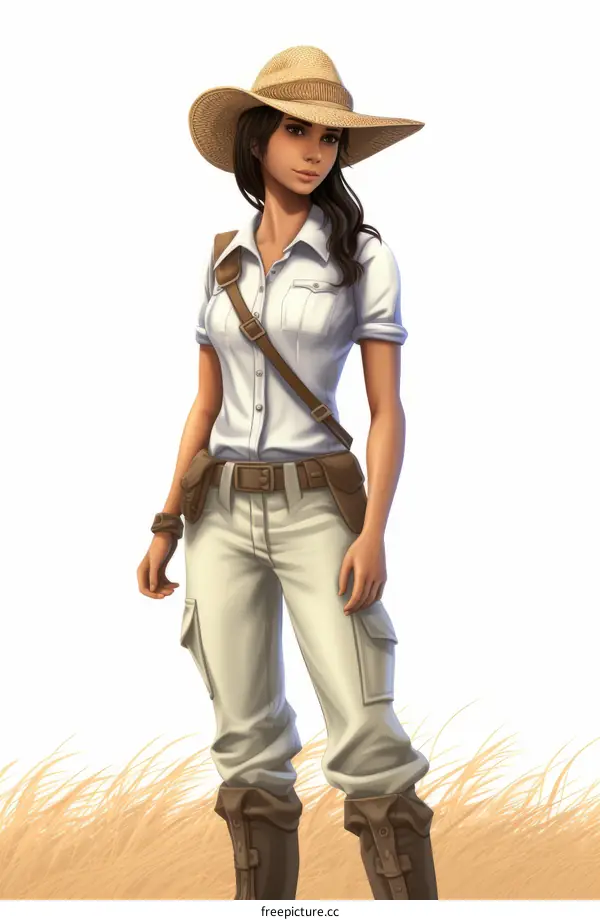 A woman in a safari outfit is standing in a grassy field.