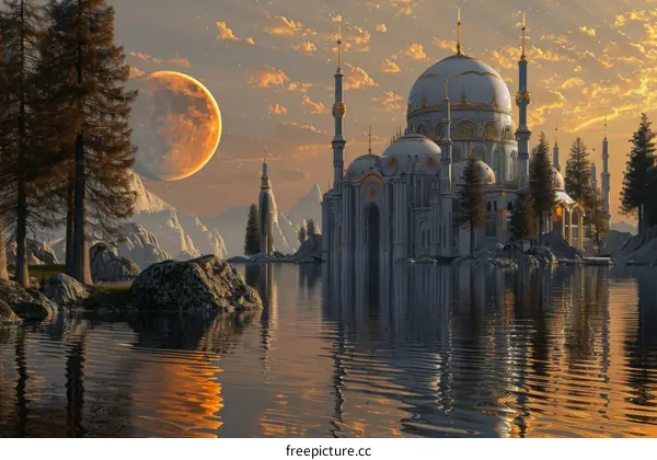 Futuristic Cityscape with Mosque and Giant Moon