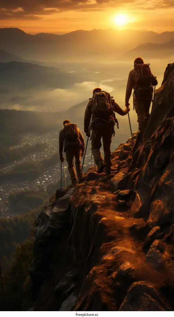 Three hikers on a mountain ridge at sunset