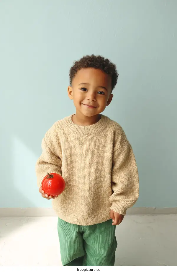 Adorable Child Holding a Tomato in a Light Beige Sweater