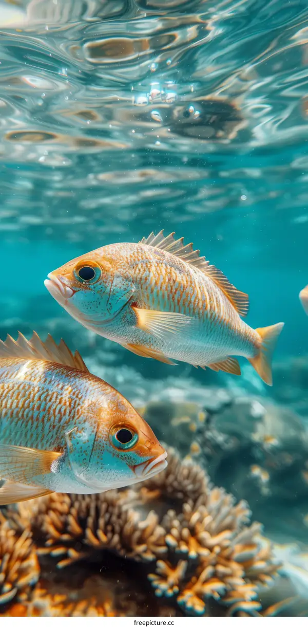 Two orange and white striped fish swim near a coral reef