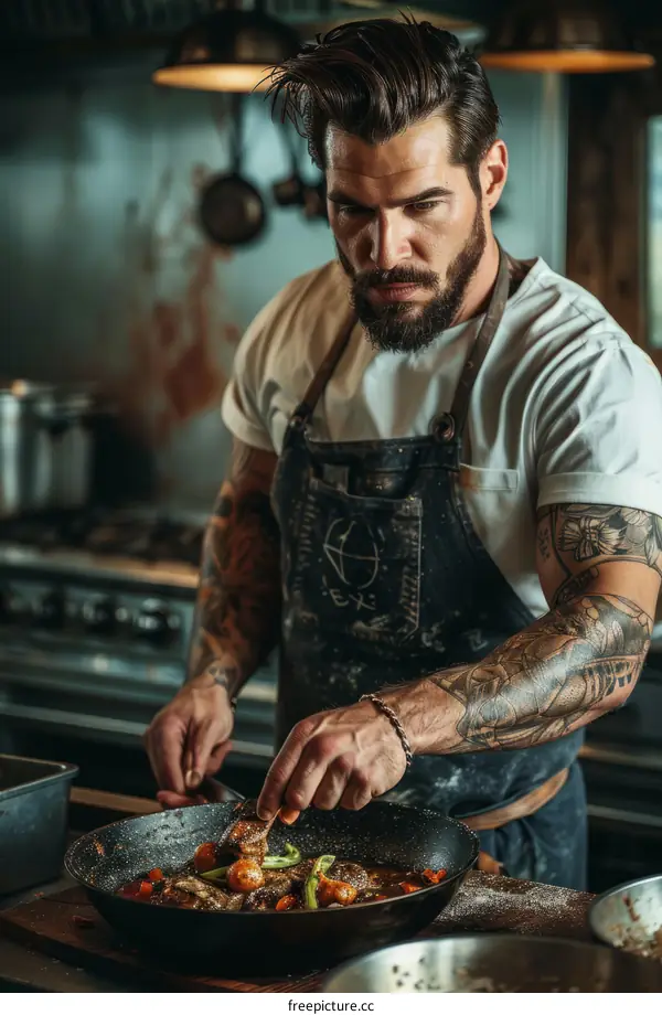 Tattooed male chef is cooking in the kitchen