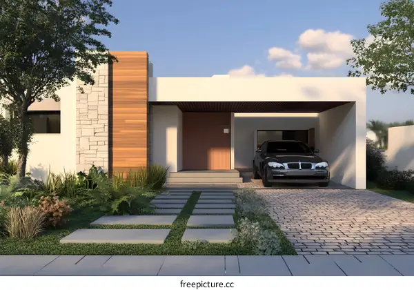 Modern House with Carport and Stone Wall