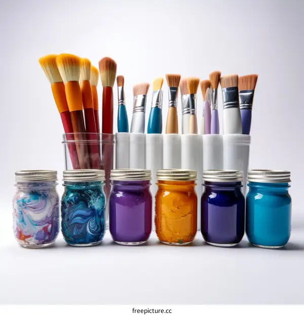 An assortment of paintbrushes and jars of paint
