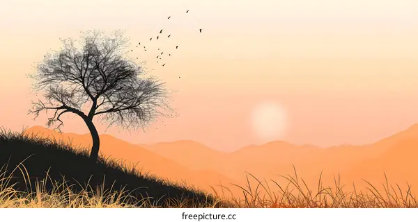 Sunset Landscape with Silhouette of Tree and Birds