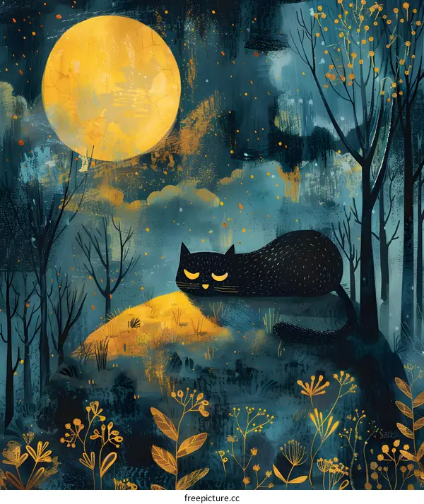 Black Cat Under a Full Moon in a Forest
