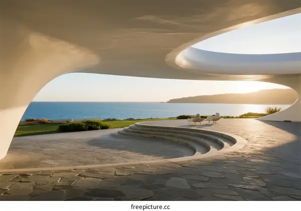 Modern architectural design with ocean view and curved structures