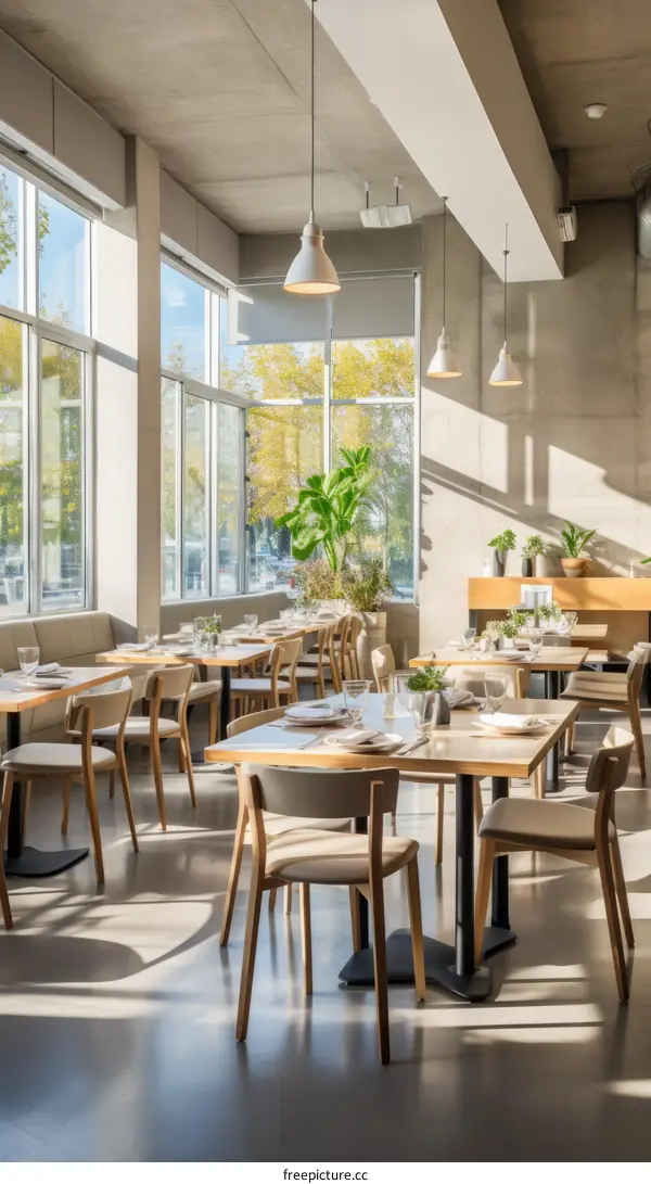 Modern restaurant interior with large windows and natural lighting