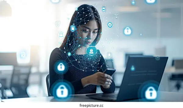 Asian woman using smartphone with network connection and security icons