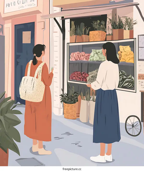 Two Women Shopping at a Street Market Stall