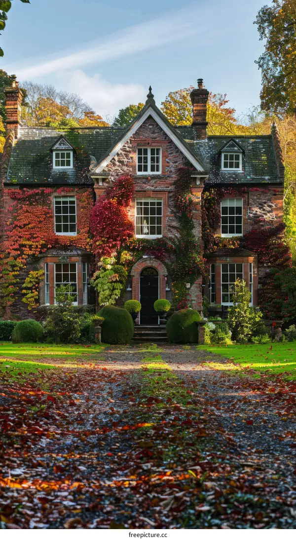 A beautiful English country house surrounded by autumn leaves