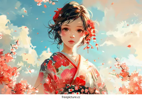 A beautiful Japanese girl with long black hair and red kimono standing in a field of cherry blossoms.