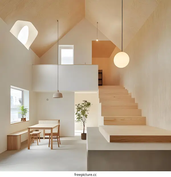 Modern Minimalist Home Interior Design with Wooden Stairs and Natural Light