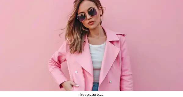 Fashion model posing in a pink leather jacket