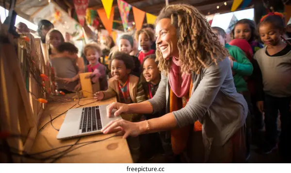 A woman is using a laptop to teach a group of children about science.